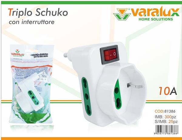 VARALUX TRIPLO SCHUKO C/INTERRUTTORE 10A 