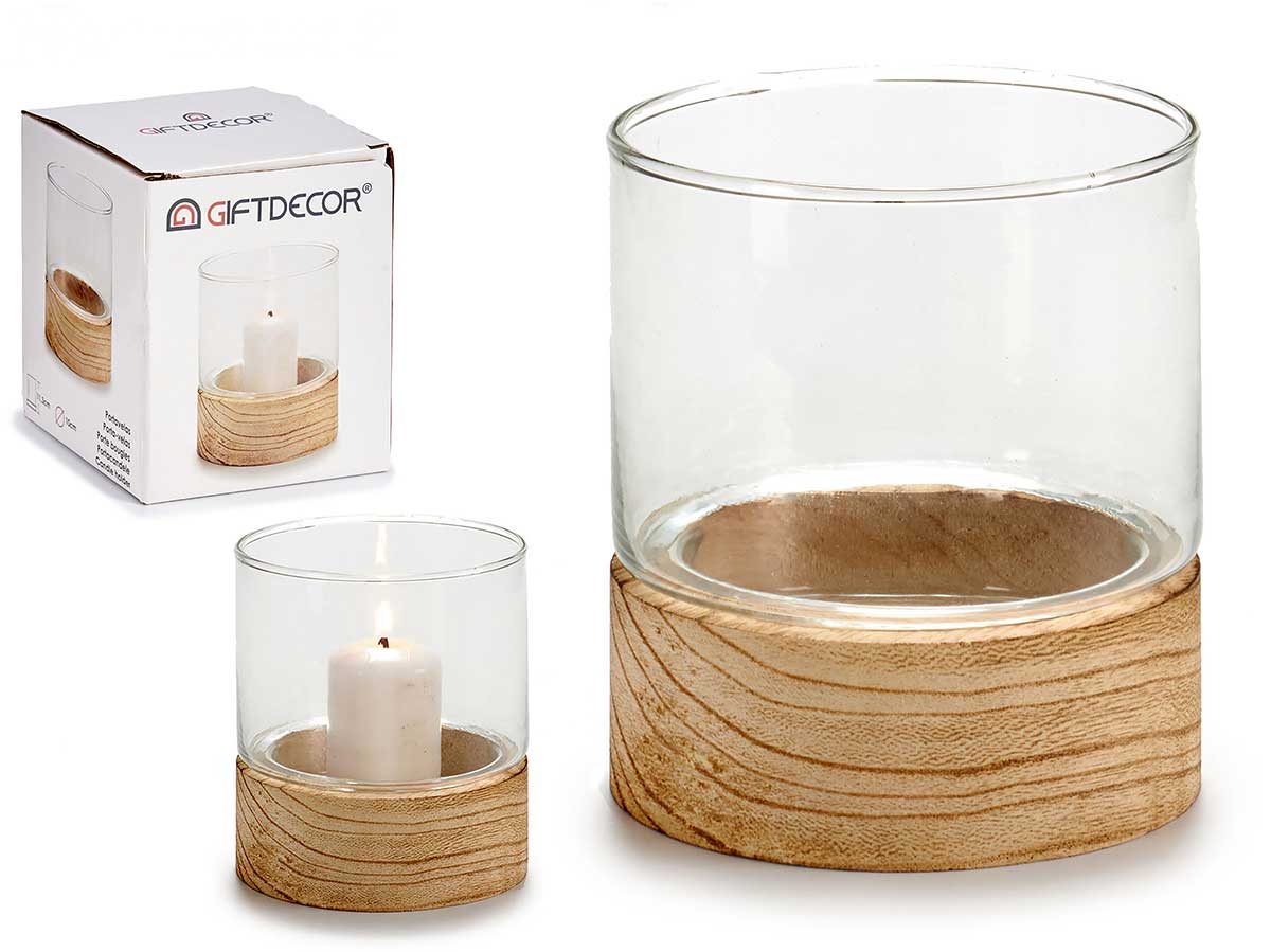 ARTE REGAL PORTACANDELA VETRO PICCOLO IN BASE LEGNO  MIS.10X10X11,1 CM.