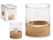 ARTE REGAL PORTACANDELA VETRO PICCOLO IN BASE LEGNO  MIS.10X10X11,1 CM.