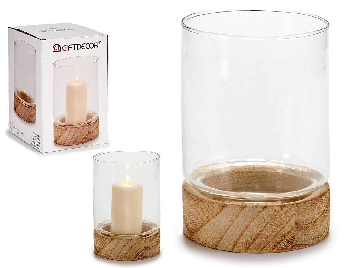 ARTE REGAL PORTACANDELA VETRO MEDIO IN BASE LEGNO MIS.11,5X11,5X16CM. - Infinity Home Store