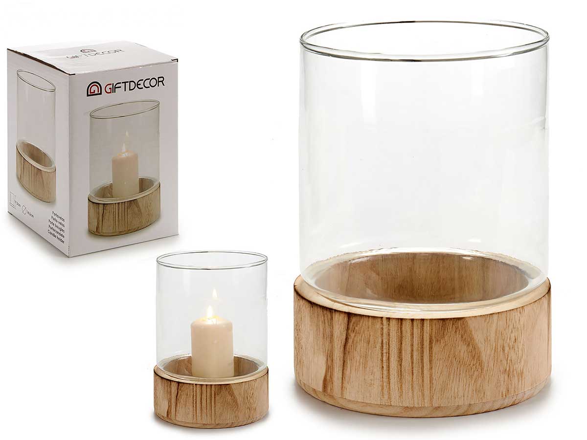 ARTE REGAL PORTACANDELA VETRO GRANDE CON BASE LEGNO MIS.14,5X14,5X19,3CM