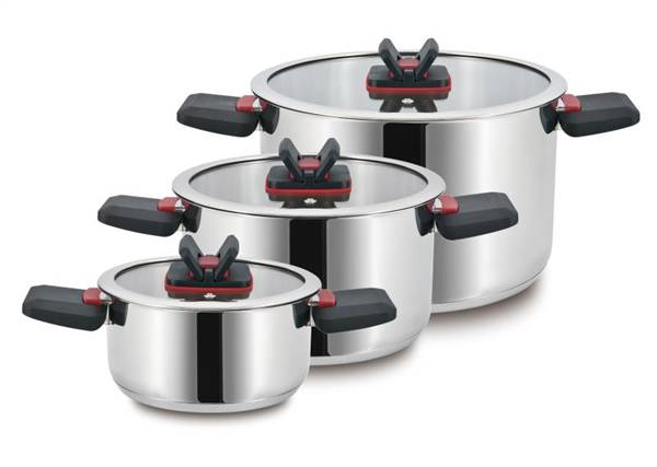 BAVARIA SET CASSERUOLE 6PZ INOX 16/20/24 INDUZIONE CON C/VETRO  CON MANICI SALVASPAZIO