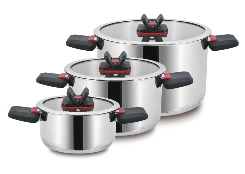 BAVARIA SET CASSERUOLE 6PZ INOX 16/20/24 INDUZIONE CON C/VETRO  CON MANICI SALVASPAZIO