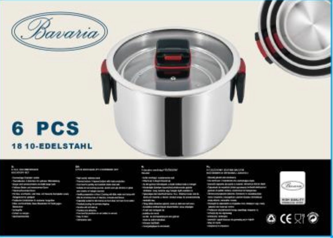 BAVARIA SET CASSERUOLE 6PZ INOX 16/20/24 INDUZIONE CON C/VETRO  CON MANICI SALVASPAZIO