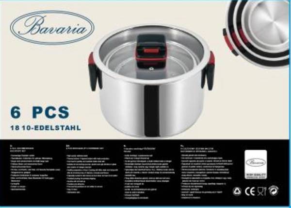BAVARIA SET CASSERUOLE 6PZ INOX 16/20/24 INDUZIONE CON C/VETRO  CON MANICI SALVASPAZIO