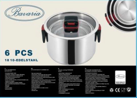 BAVARIA SET CASSERUOLE 6PZ INOX 16/20/24 INDUZIONE CON C/VETRO  CON MANICI SALVASPAZIO