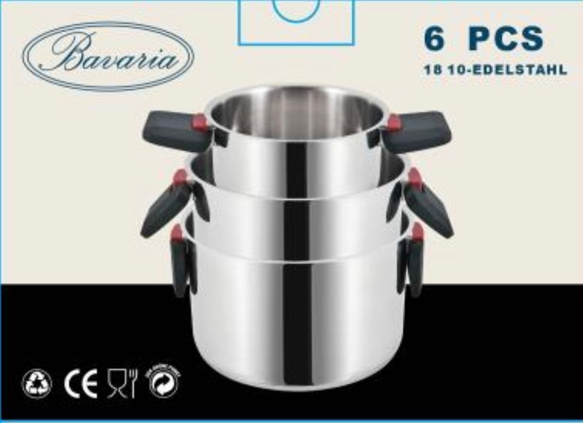 BAVARIA SET CASSERUOLE 6PZ INOX 16/20/24 INDUZIONE CON C/VETRO  CON MANICI SALVASPAZIO