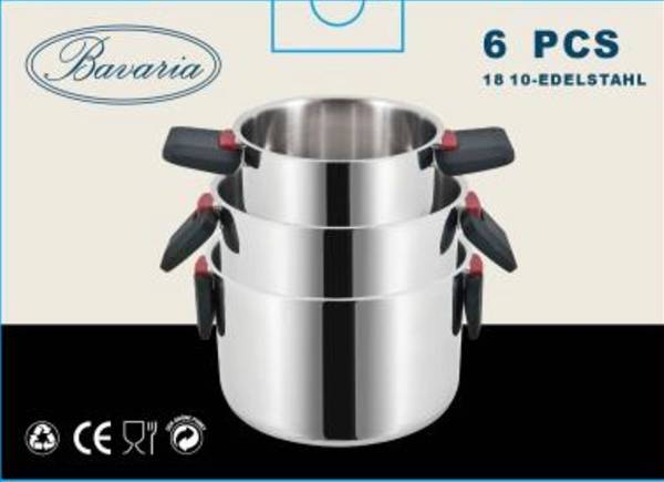 BAVARIA SET CASSERUOLE 6PZ INOX 16/20/24 INDUZIONE CON C/VETRO  CON MANICI SALVASPAZIO