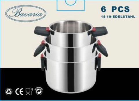 BAVARIA SET CASSERUOLE 6PZ INOX 16/20/24 INDUZIONE CON C/VETRO  CON MANICI SALVASPAZIO