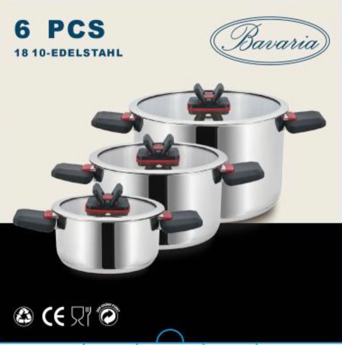 BAVARIA SET CASSERUOLE 6PZ INOX 16/20/24 INDUZIONE CON C/VETRO  CON MANICI SALVASPAZIO