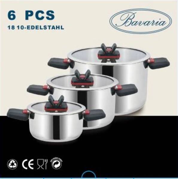 BAVARIA SET CASSERUOLE 6PZ INOX 16/20/24 INDUZIONE CON C/VETRO  CON MANICI SALVASPAZIO