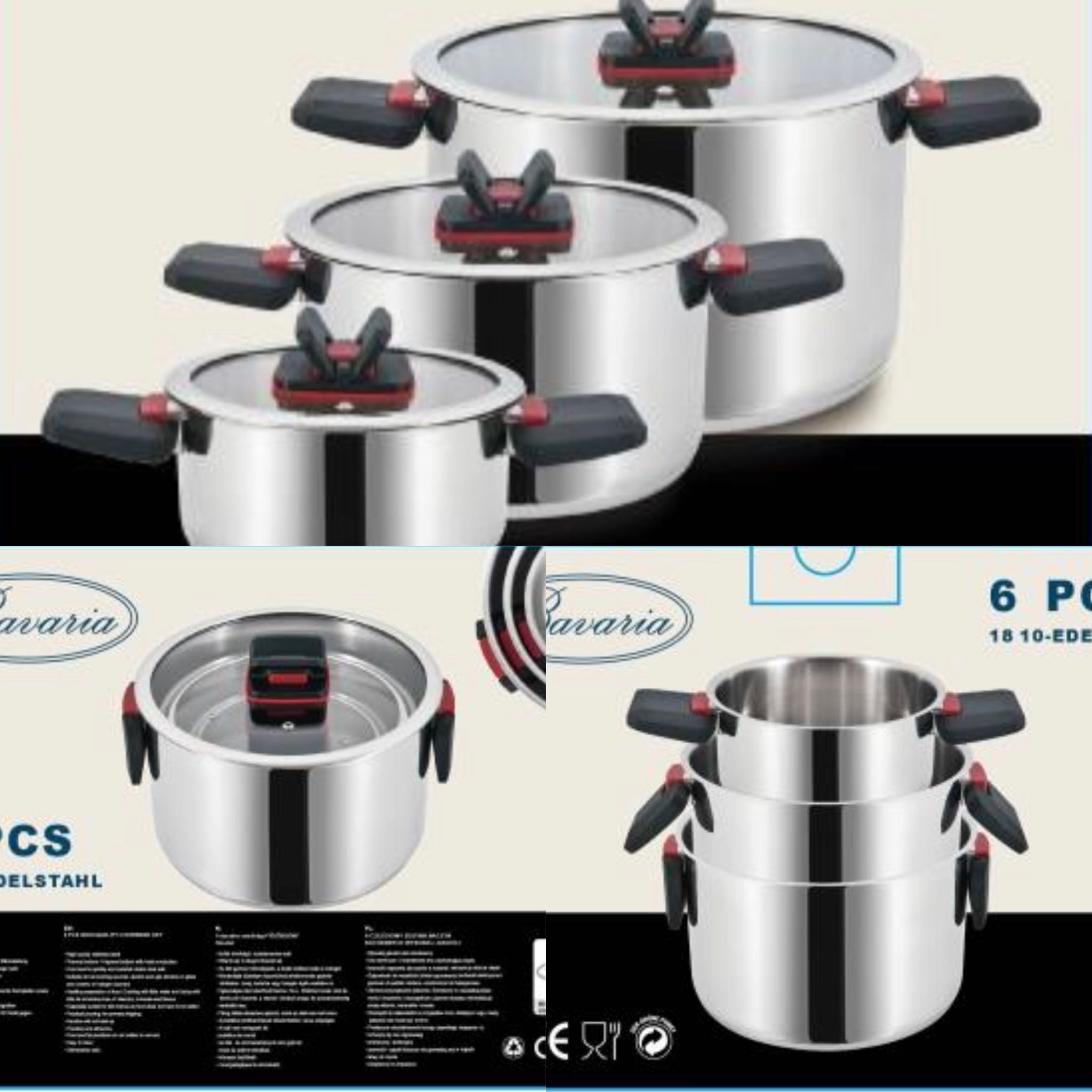 BAVARIA SET CASSERUOLE 6PZ INOX 16/20/24 INDUZIONE CON C/VETRO  CON MANICI SALVASPAZIO