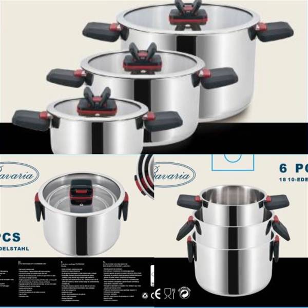 BAVARIA SET CASSERUOLE 6PZ INOX 16/20/24 INDUZIONE CON C/VETRO  CON MANICI SALVASPAZIO