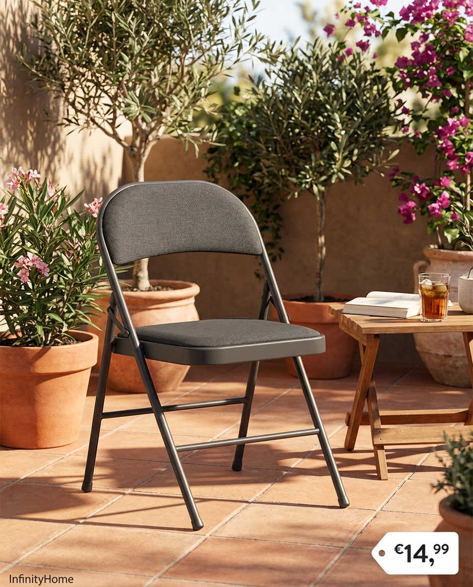 Sedia pieghevole con cuscino in terrazza