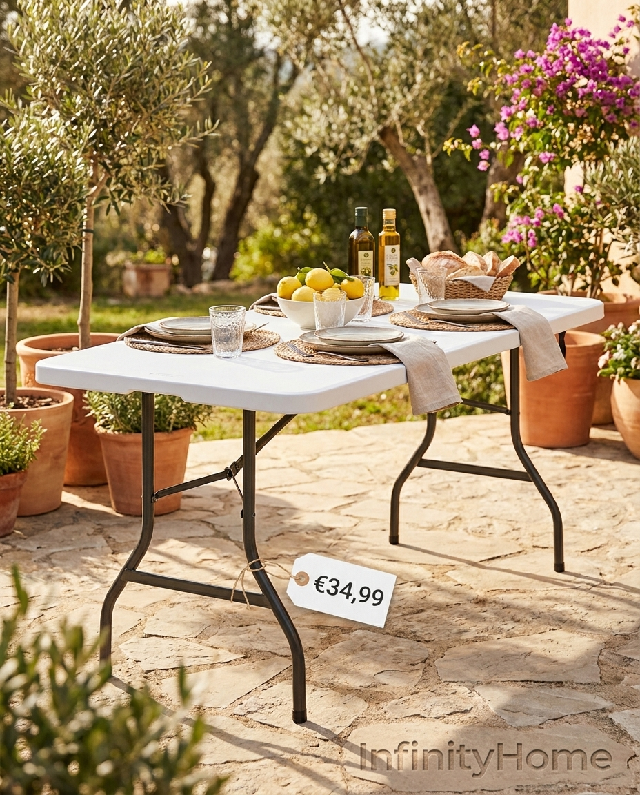 Tavolo pieghevole apparecchiato in giardino