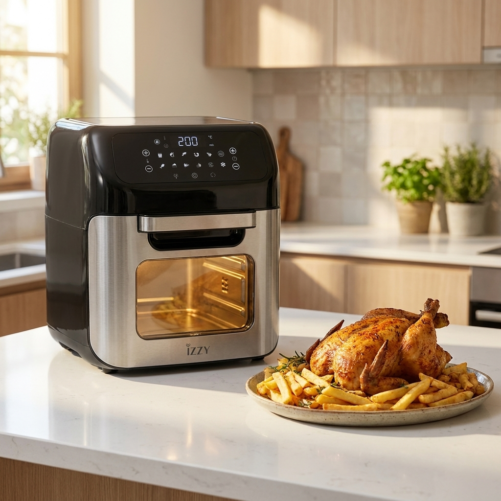 Friggitrice ad aria Izzy 12L su piano cucina con pollo e patatine croccanti