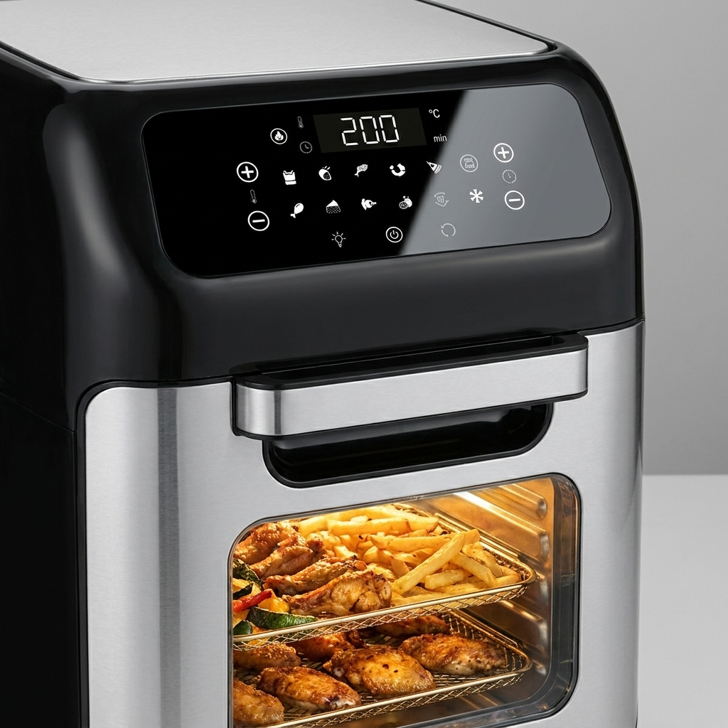 Dettaglio pannello digitale touch e cestello della friggitrice ad aria Izzy