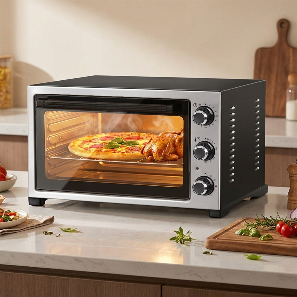 Forno elettrico Kumtel 32L su piano cucina con pizza dorata all'interno