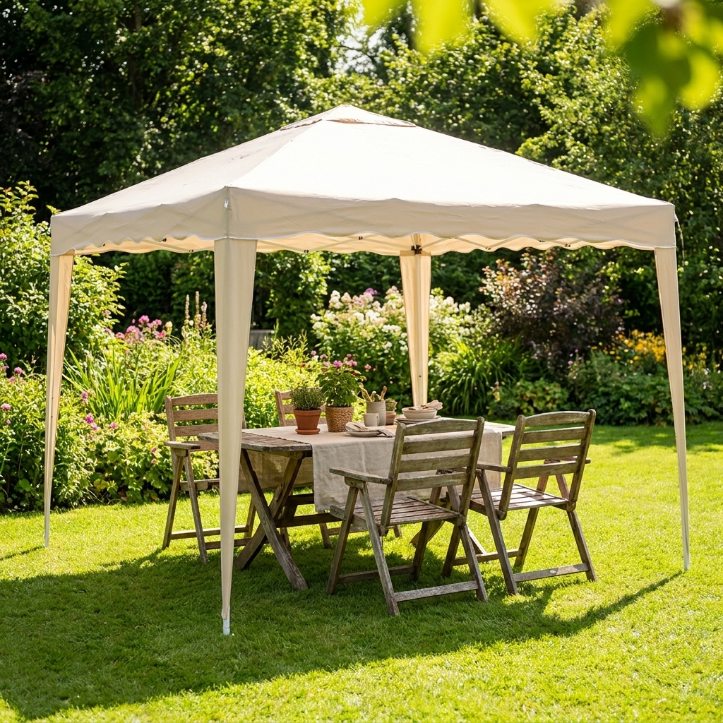Gazebo pieghevole beige 3x3 montato in giardino con tavolo e sedie
