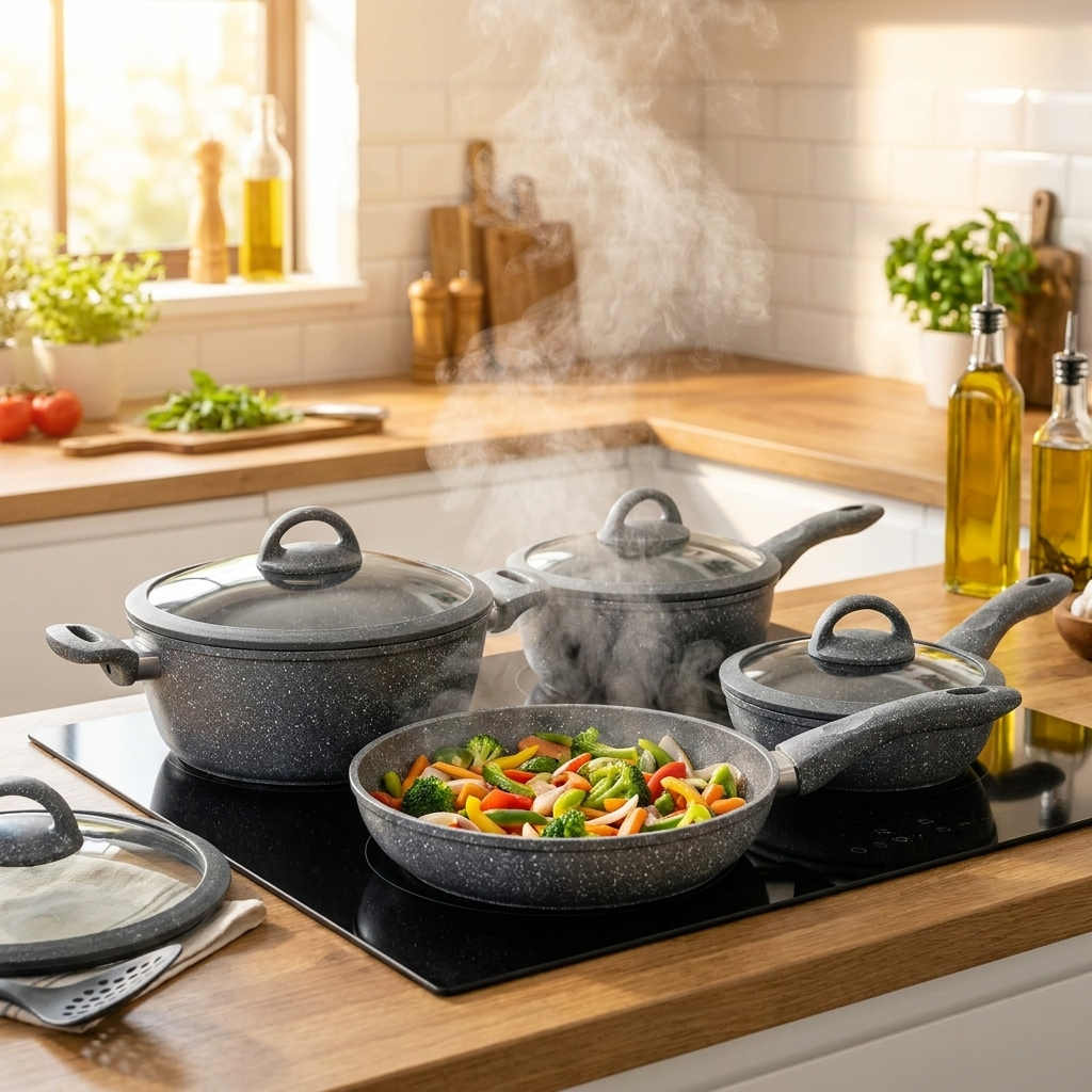 Set padelle Bavaria grigie su piano a induzione mentre cuociono verdure