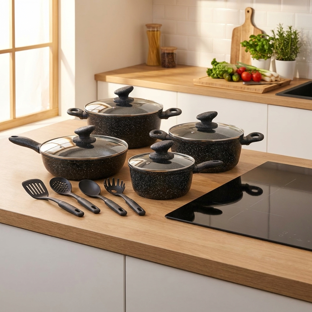 Batteria di pentole Bavaria 15 pezzi effetto pietra su piano cucina
