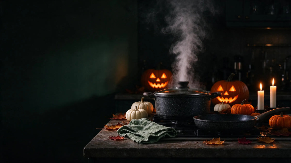 Cucina di notte ad Halloween: pentola in pietra effetto granito che fuma sul fornello, zucche intagliate accese e candele