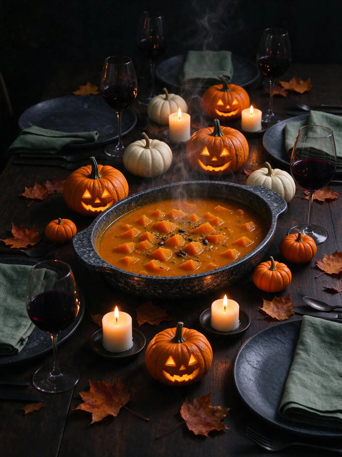 Tavola apparecchiata per la cena di Halloween: teglia in pietra effetto granito con zuppa di zucca fumante, candele, zucche intagliate e tovaglioli verde salvia